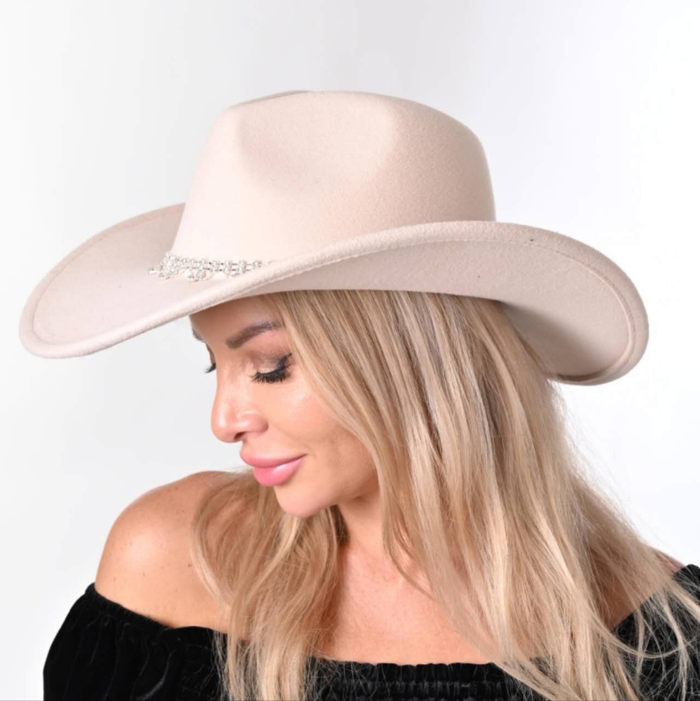 Rhinestone Bling Band Cowboy Wide Brim Fedora Hat Beige